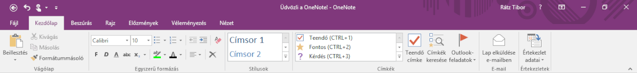 Microsoft OneNote 2016 kezdőlap 